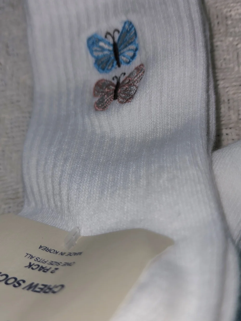 Aeropostale White Crew Socks with Pink and Blue Butterfly Embroidery OS NWT